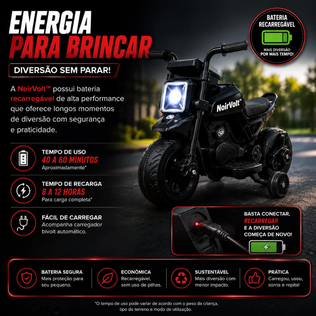 Moto Elétrica Infantil Recarregável com Rodinhas Preta 3 Anos+ NoirVolt™