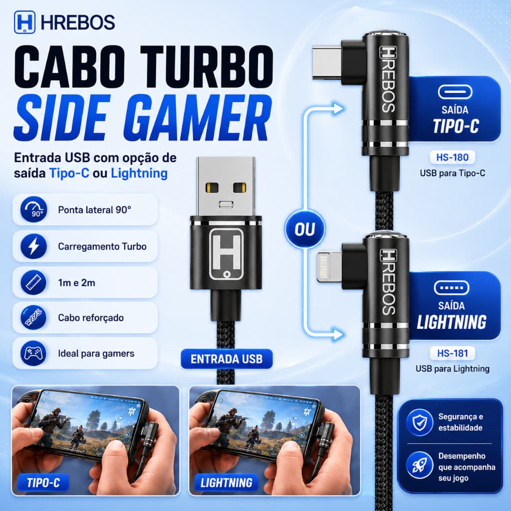 Cabo Turbo Hrebos Trançado Nylon Compatível Samsung Iphone 16 15 14 13 12 11 X 1m L 90 graus