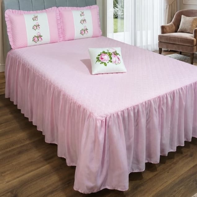 Kit Colcha Cobre Leito Sofia Rosa Casal 04 Peças Com Porta Travesseiro E Porta Almofada