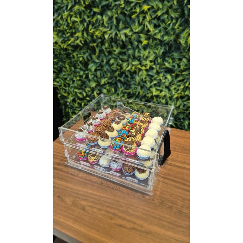 Suporte porta expositor de brigadeiros gourmet caixa de acrílico com alça