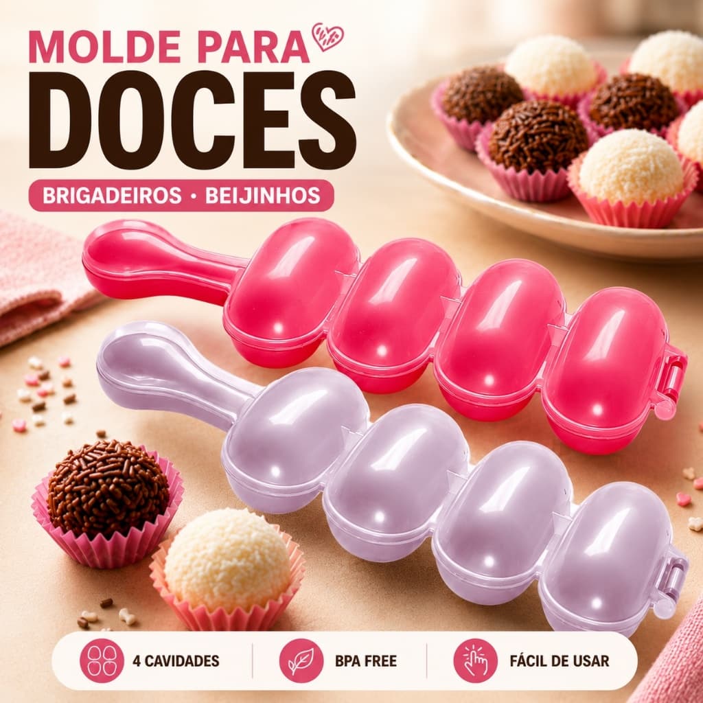 Molde para Brigadeiro e Beijinho 4 Cavidades Boleador Modelador Doces Gourmet Confeitaria.