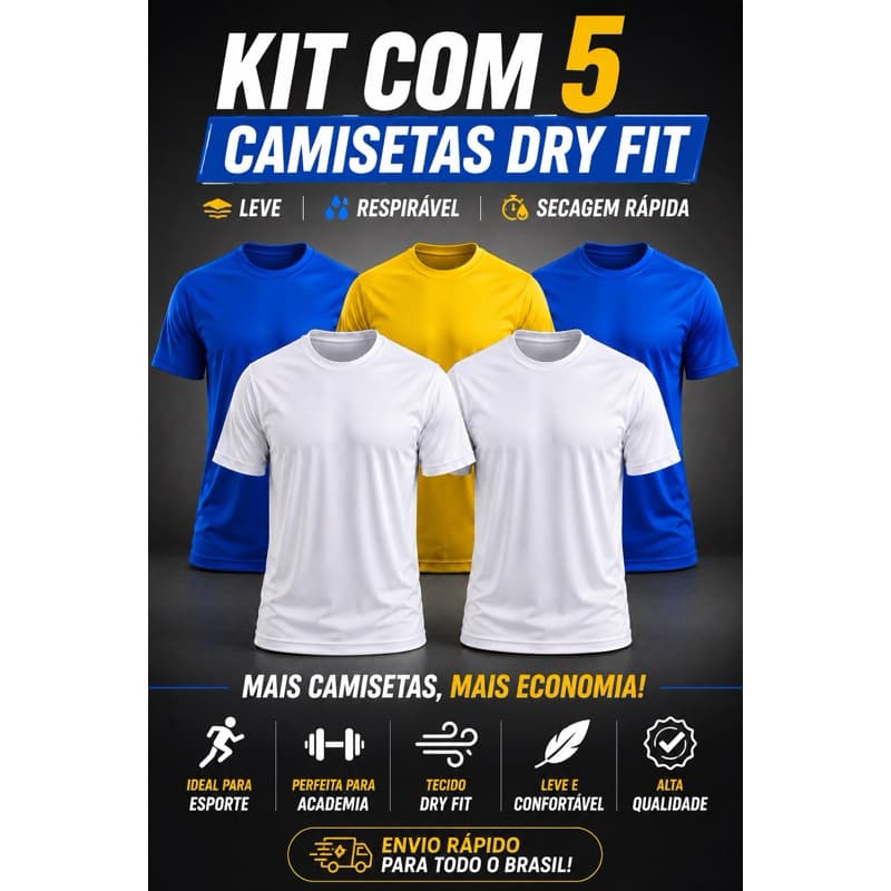 Kit 5 Camisetas Dry Fit Masculina Esportiva Academia Treino Fitness Caminhada Corrida Básica