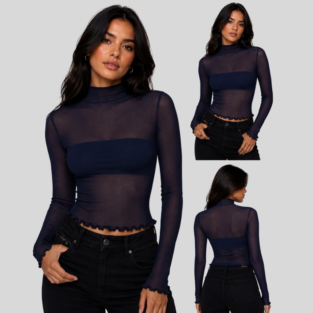 Blusa Feminina Tule Transparente Manga Longa Gola Alta Frufru + Top Faixa Moda Feminina