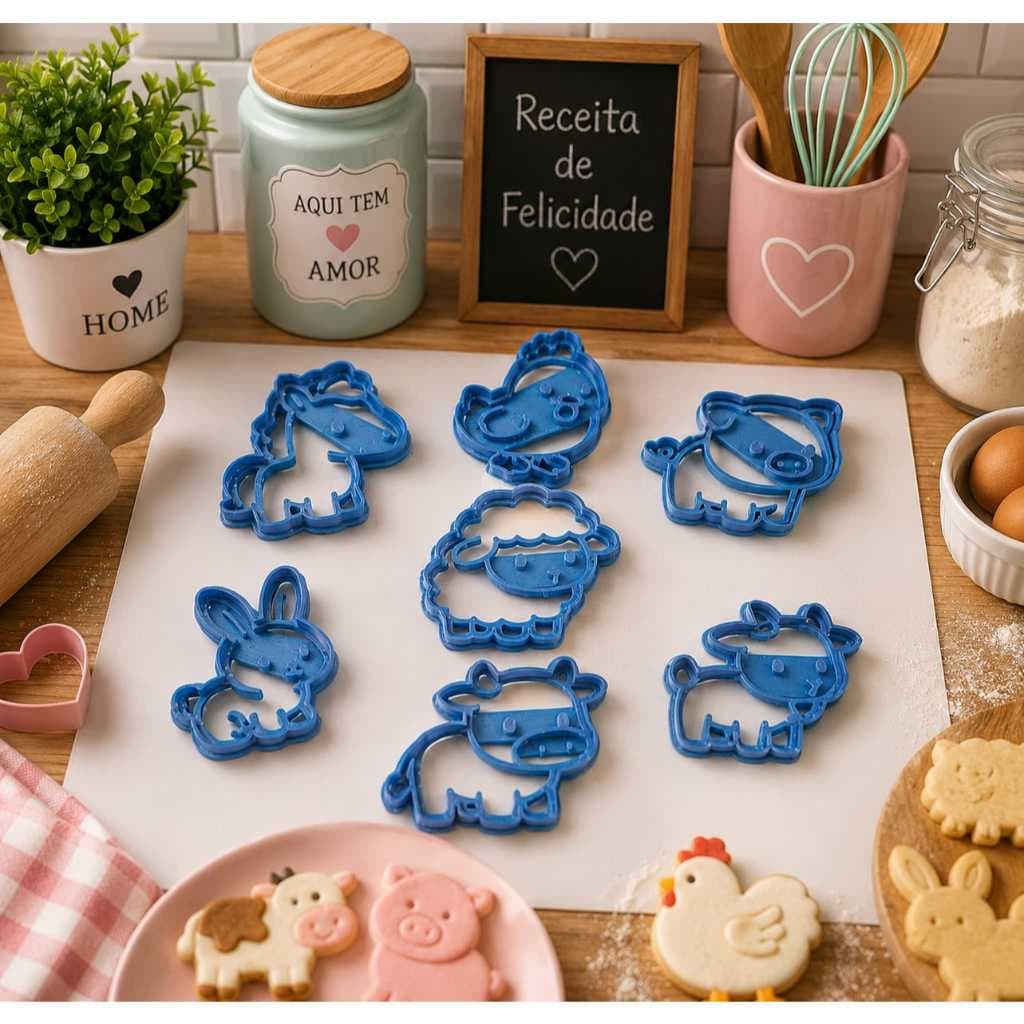 Kit 7 Cortadores De Biscoito E Massinha Fazendinha / Brinquedo Educativo Criativo