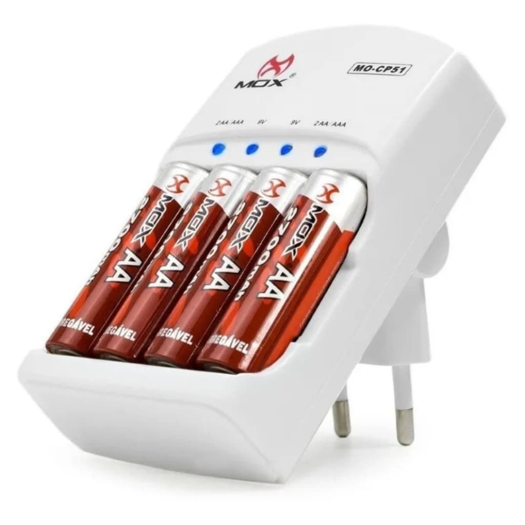 Carregador De Pilhas Rápido Bivolt + 4 Pilha Aa Recarregável