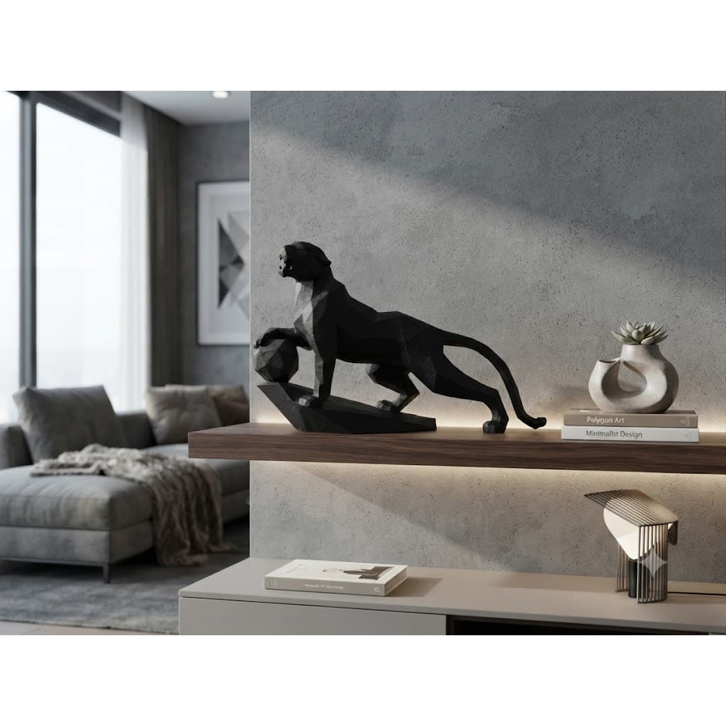 Escultura Pantera Negra Low Poly | Estátua Geométrica Moderna | Decoração Gamer e Geek Minimalista 3D