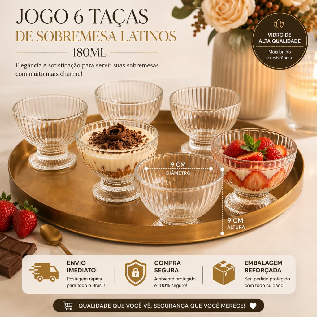 Jogo com 6 Taças de Sobremesa Latinos, 180ml, Vidro Bonita, Elegante para Mesa Posta