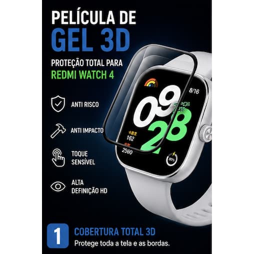 Película Gel 3D Redmi Watch 4 Proteção Total HD Anti Impacto Anti Risco Cobertura Completa