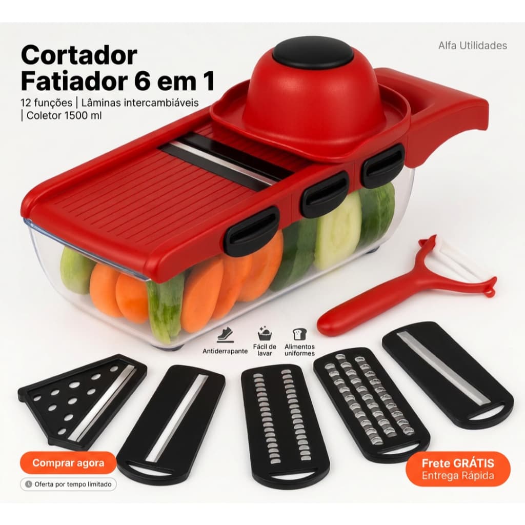 Cortador de Legumes Fatiador Ralador Mandoline 6 em 1