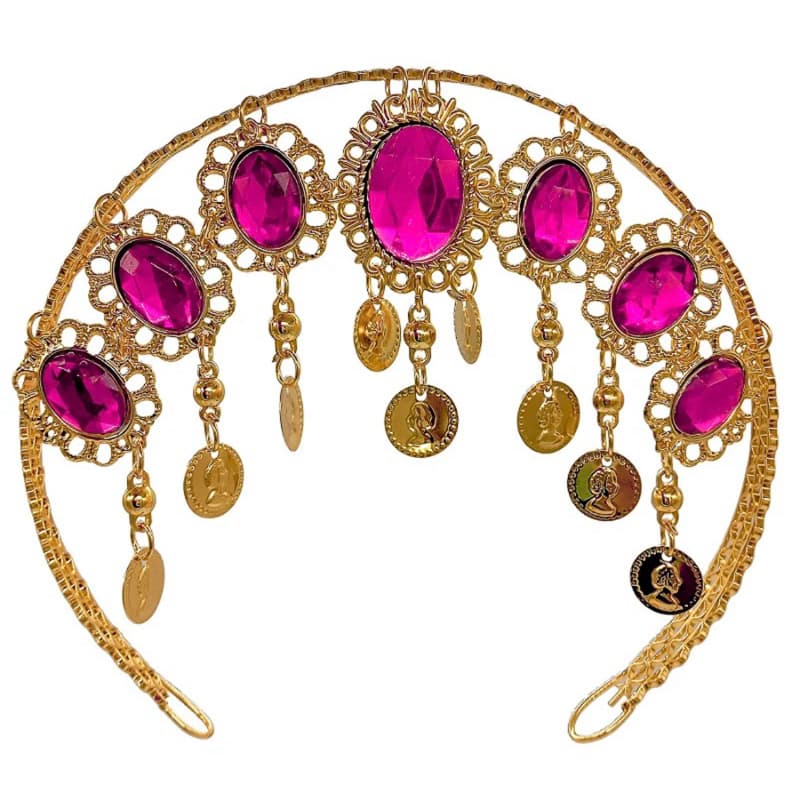 Tiara Cigana Testeira Ajustável Dourada com Cristais Pink e Moedas para Dança do Ventre