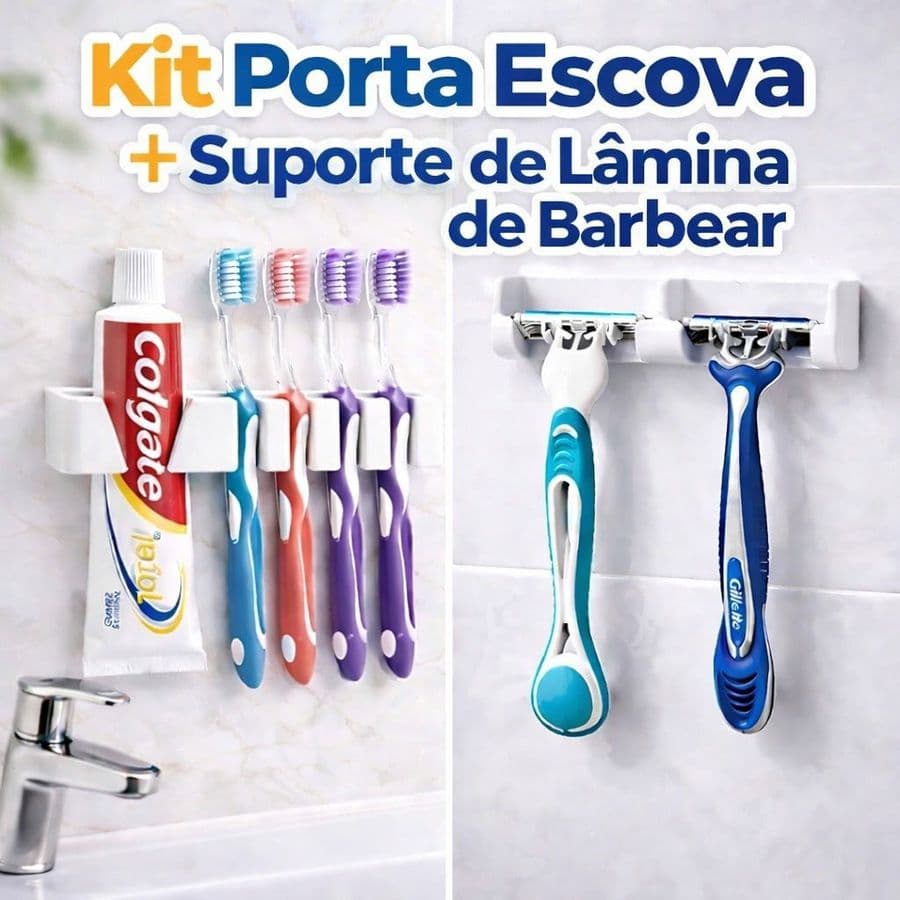 Kit Porta Escova de Dente + Suporte Lâmina de Barbear Autoadesivo Organizador Banheiro Sem Furo