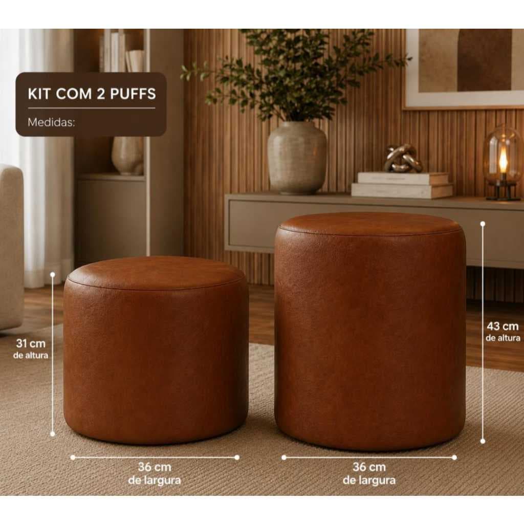 Kit 2 Puffs Redondos Decorativos em Corino Sala de estar Clouset Salão Escritórios Quartos