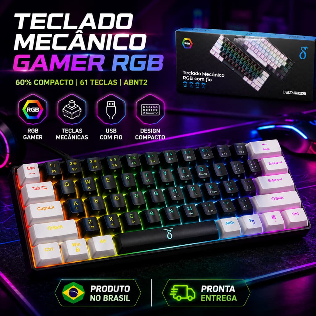 Teclado Gamer Mecânico RGB 60% AITEK Delta TM6101 Switch Vermelho USB ABNT2 61 Teclas