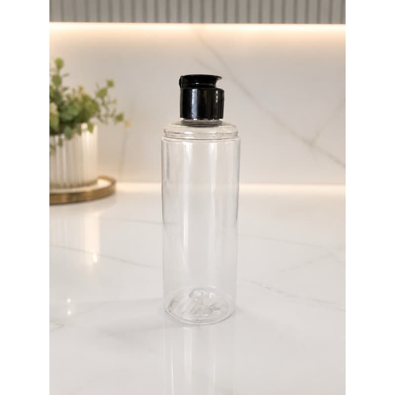 01 Frasco cristal Tampa Flip Top - 200ml Agua Micelar, Shampoo, Sab. Liquido