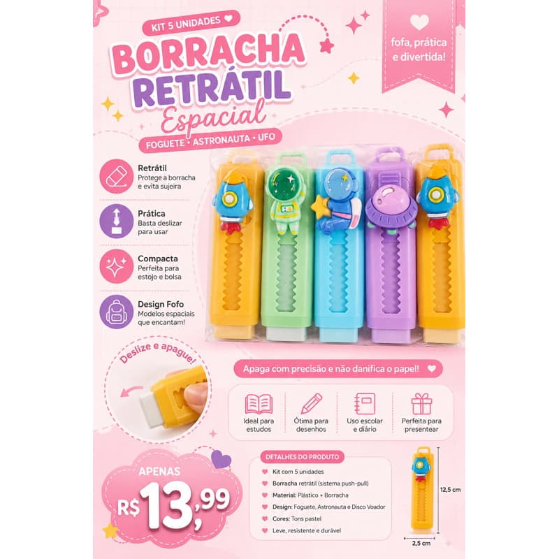 Kit 5 Borrachas Retráteis Espacial Kawaii Astronauta Foguete Escolar Infantil