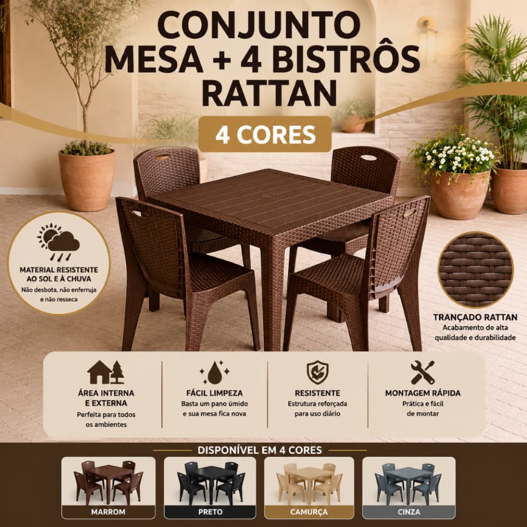 Conjunto Mesa Quadrada com 4 Cadeiras Bistrô Rattan Reforçada Jantar Jardim Salão Festa Casa Lazer