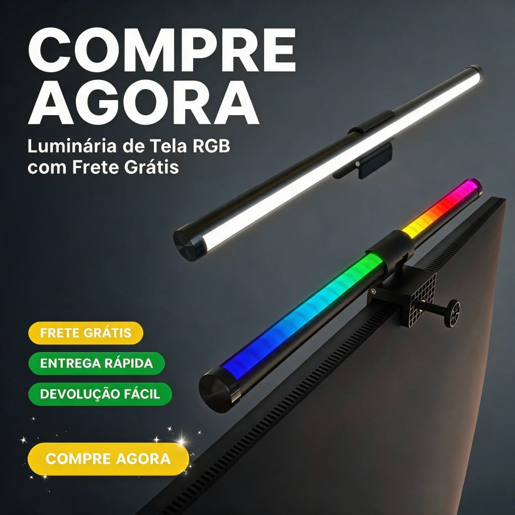 Barra de Luz LED para Monitor RGB Dupla 50cm USB Luz Frontal 3 Cores e Luz Traseira RGB Proteção para os Olhos