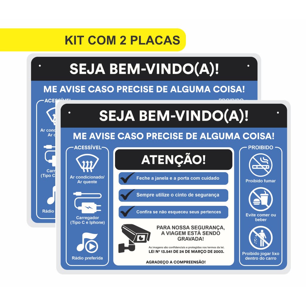 Kit 2 Plaquinhas Informativas para Motorista de Aplicativo Uber 99 Taxi