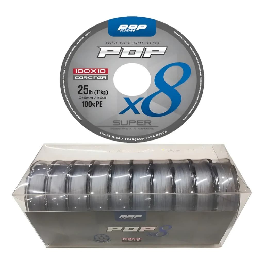Caixa Linha Multifilamento 8X POP Cinza 1000m Kit 10 Carretéis Interligados Várias Bitolas