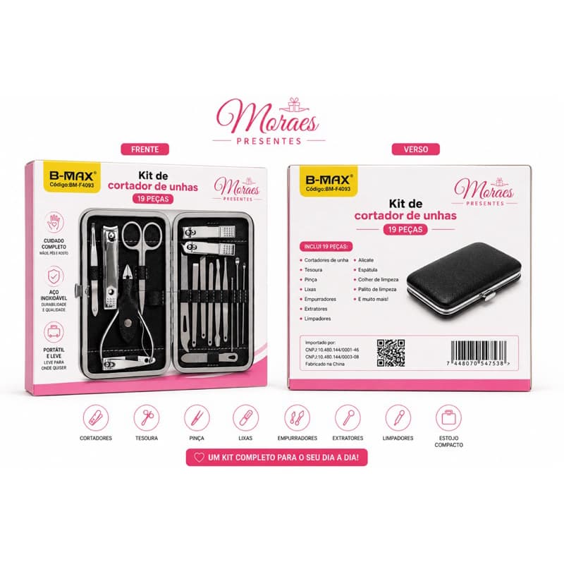 Kit Manicure B-MAX 19 peças com estojo compacto, ideal para mãos, pés e rosto. Prático e resistente.