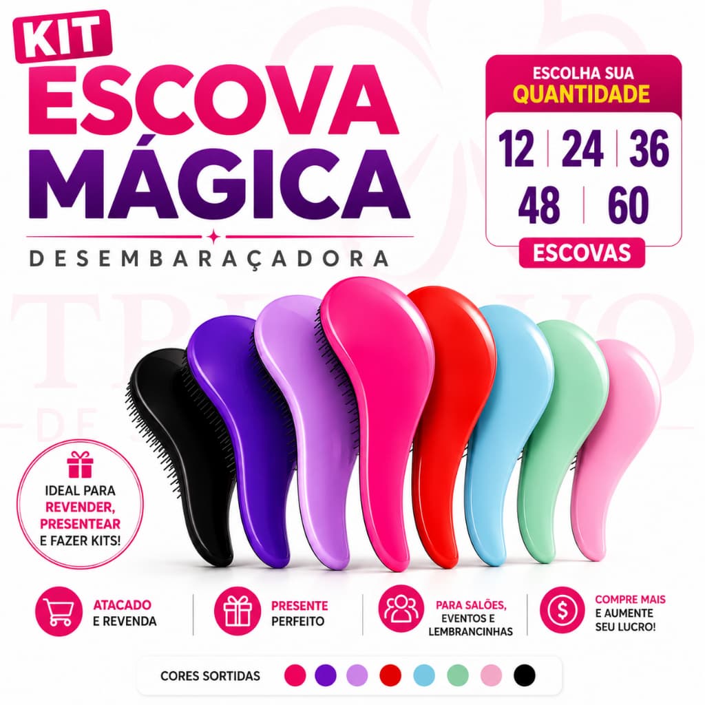 Kit Escova Mágica Desembaraçadora Cabelo Cacheado Anti Frizz Cerdas Flexíveis Sem Dor Atacado Lote