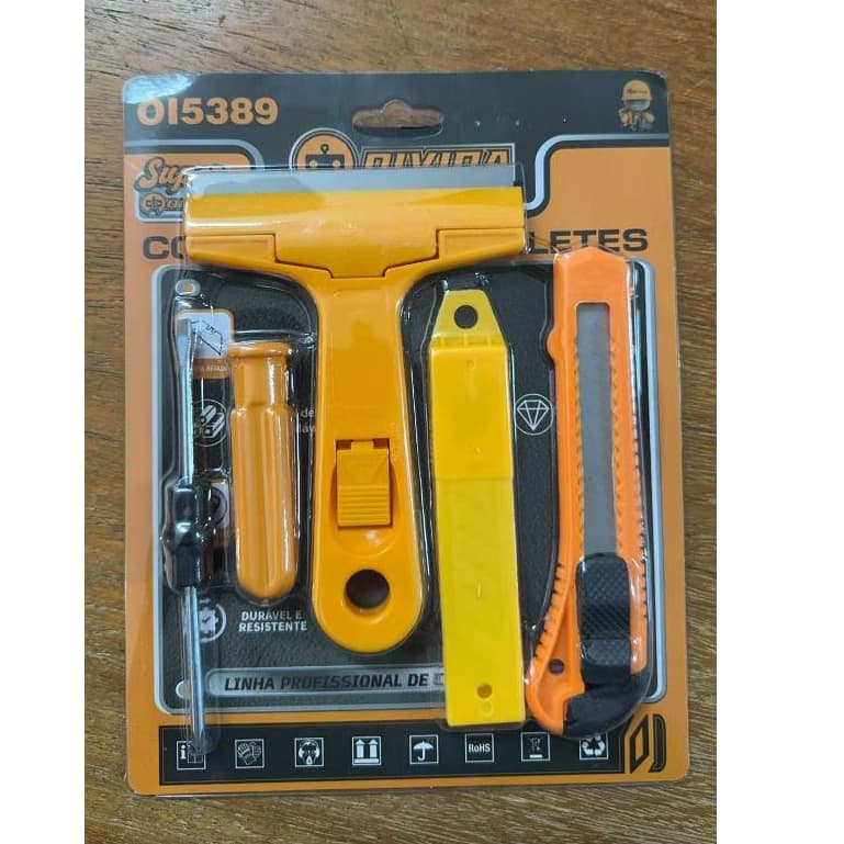 Kit Estilete Raspador Com 4 Lâminas e Chava De Fenda Dupla Plano Tinta Piso Vidro Cerâmica Rejunte Adesivo Multiuso