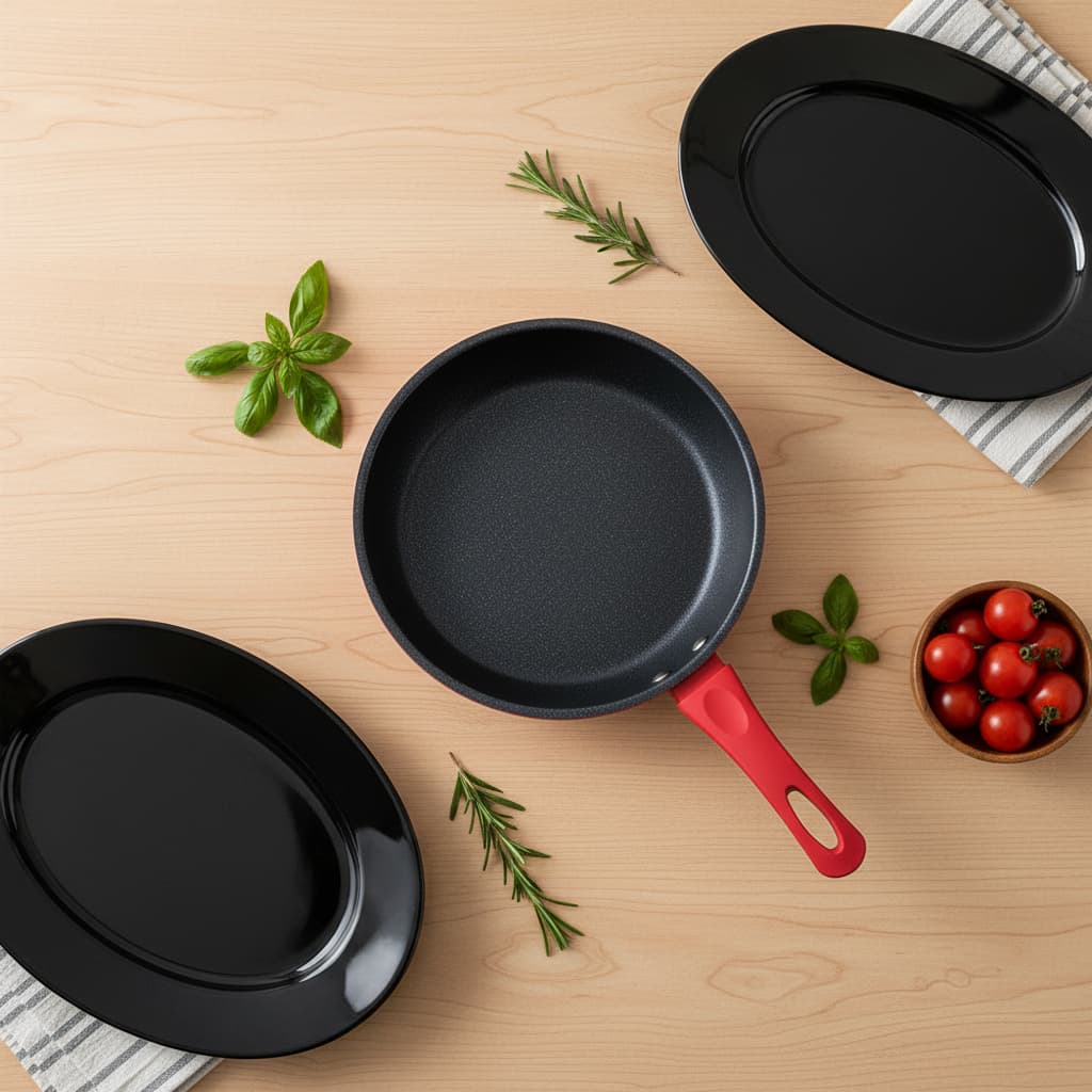 Kit Cozinha Frigideira Nanocerâmica Antiaderente Indução 24cm + 2 Pratos Ovais de Vidro 35cm Pretos