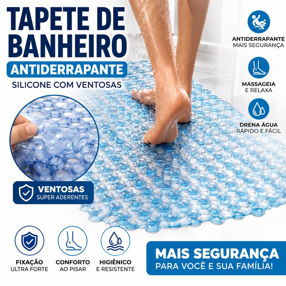 Tapete Banheiro Antiderrapante Silicone com Ventosas Tapete Box Banheira Antimofo Drenante 63x34cm
