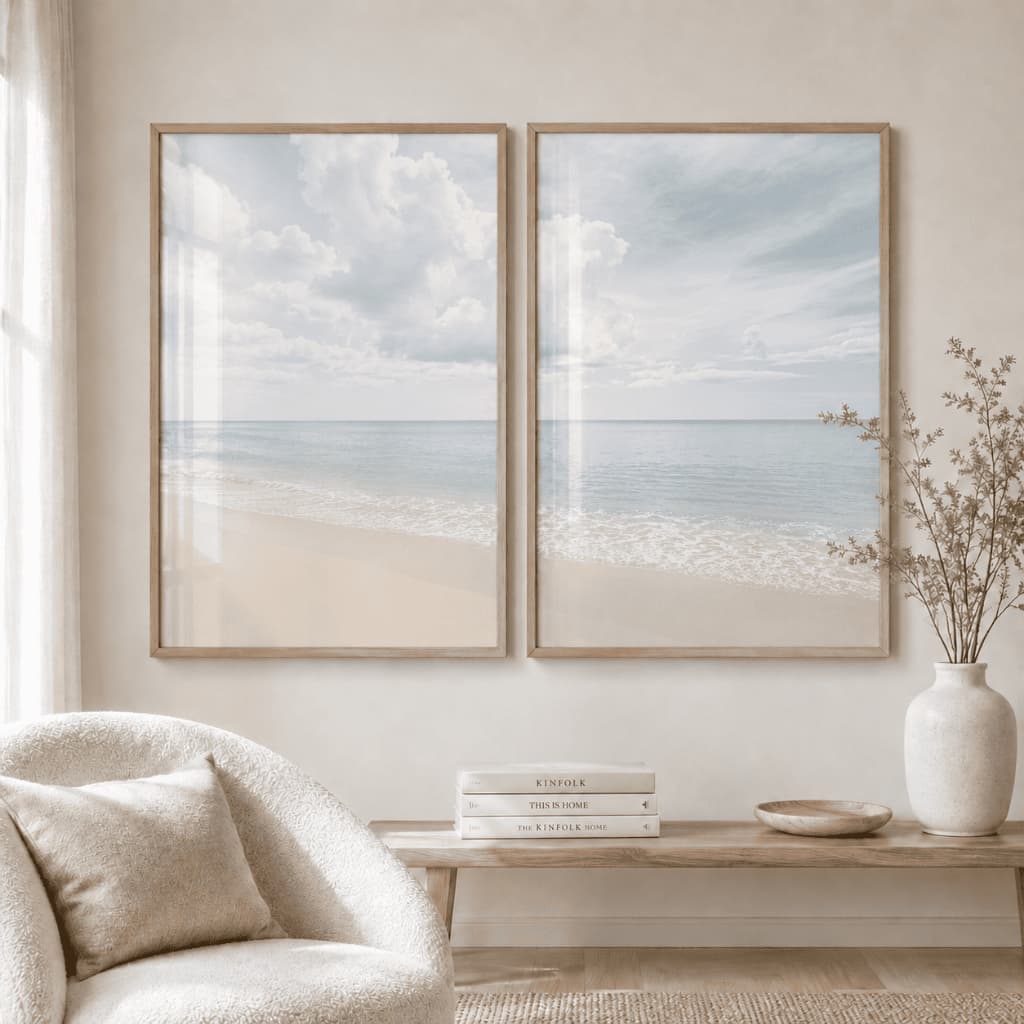 Kit 2 Quadros Decorativos Paisagem Praia Mar e Areia Tons Pastéis Calmaria