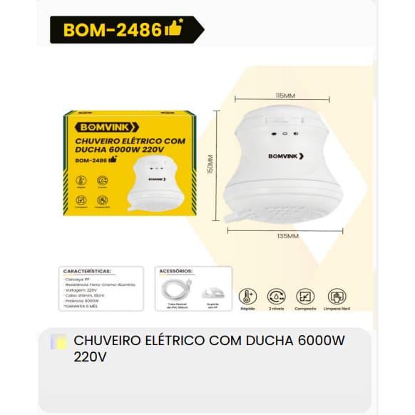 Chuveiro Elétrico 6000W 110V/220V Alta Potência Resistência Durável Instalação Fácil