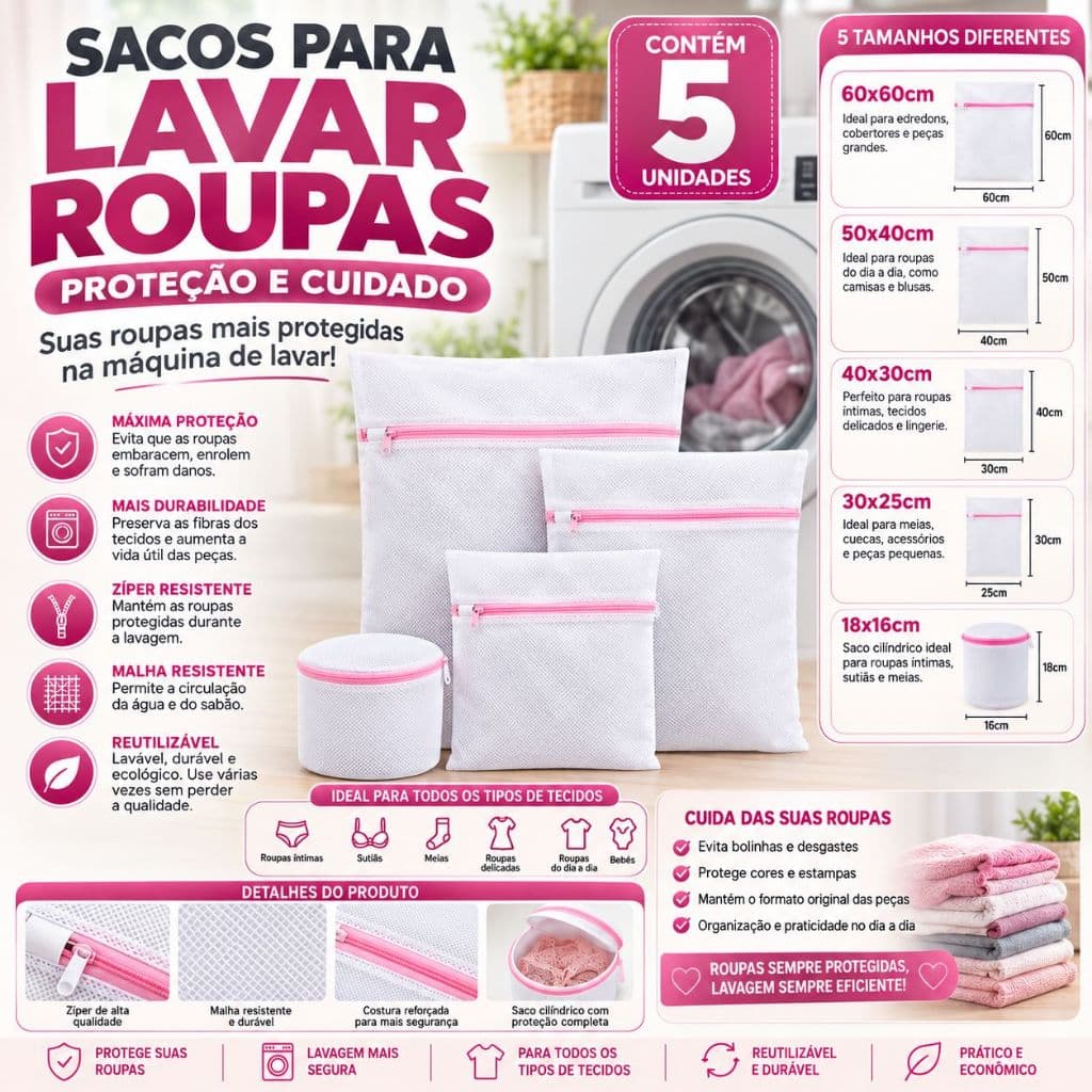 Kit 5 Sacos para Lavar Roupas Delicadas com Zíper | Organizador para Máquina de Lavar | Branco