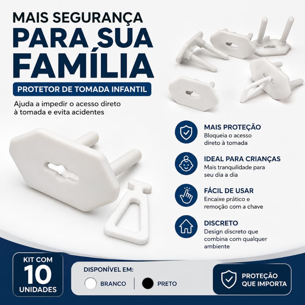 Kit Protetor de Tomada para Bebê Segurança Infantil Contra Choque Elétrico Branco ou Preto