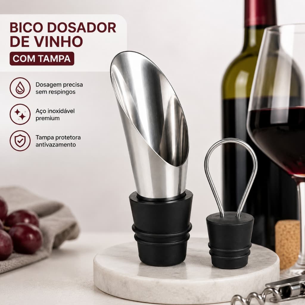 Bico Dosador Para Vinho Inox Com Tampa Salva Gotas Aerador