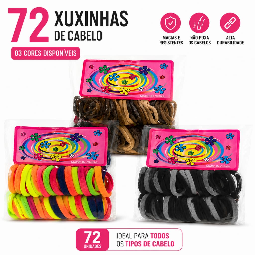 Kit 72 Xuxinhas de Cabelo Elástico Rabicó Alta Elasticidade Não Puxa Cabelo Infantil Adulto Macias Resistente