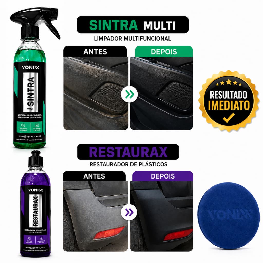 Kit Vonixx Sintra 500ml + Restaurax 500ml + Aplicador de Espuma 500ml  Limpeza e Restauração de Plásticos