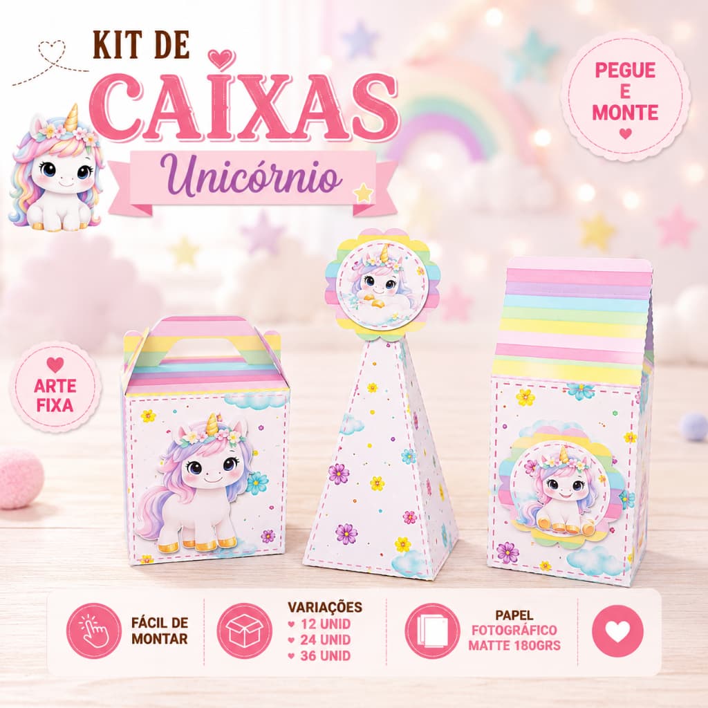 Kit Caixas Unicórnio 3 modelos - Milk, Sushi com Alça e Pirâmide - Pegue e Monte