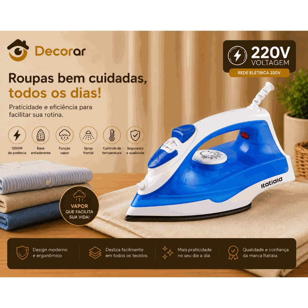 Ferro a Vapor Itatiaia 1200W 220V Base Antiaderente Controle de Temperatura Spray e Vapor