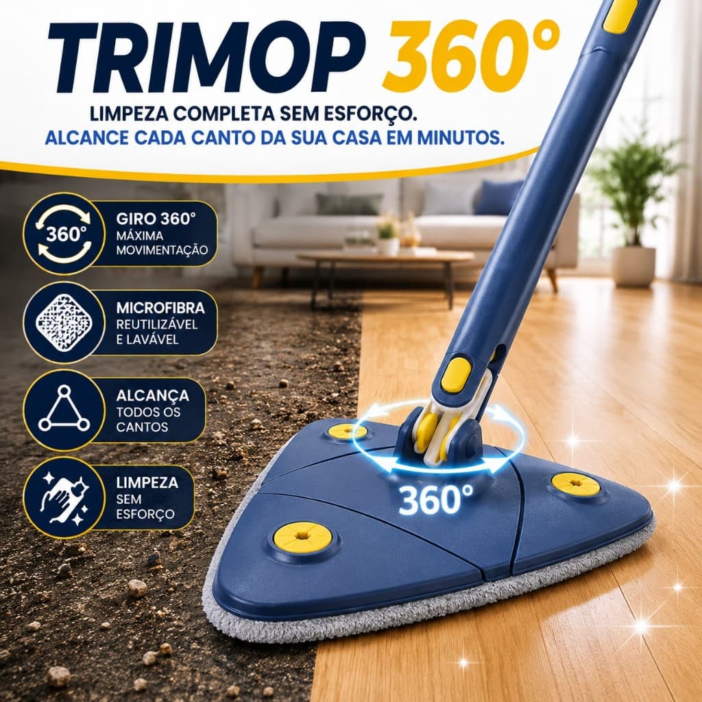 Mop Giratório 360° Triangular com Microfibra Rodo Mágico Limpeza Multifuncional para Piso Vidro Parede
