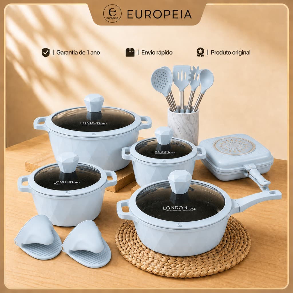Jogo de Panelas London Grill 17 peças Cerâmica Antiaderente Kit Completo Luxuoso