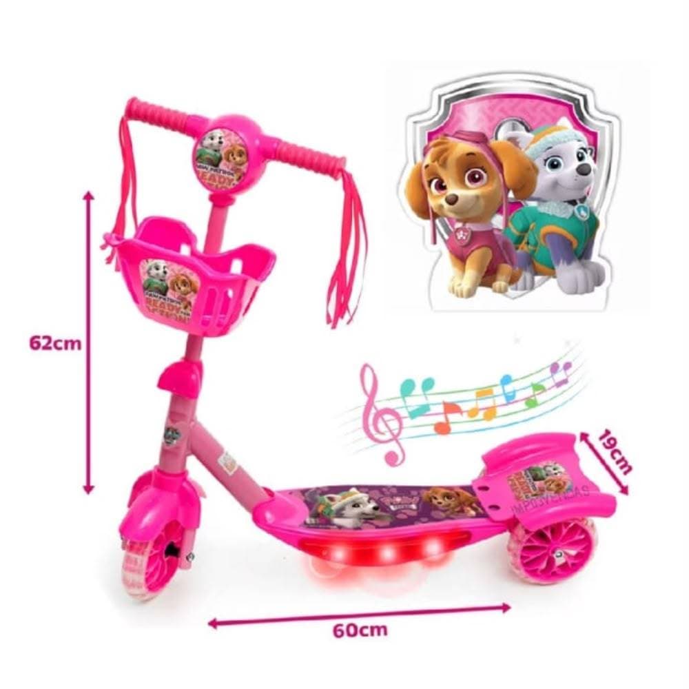 Patinete Infantil Patrulha Canina Menina Rosa Musical Patinete Menina 3 Rodas Cesta e Luz Promoção