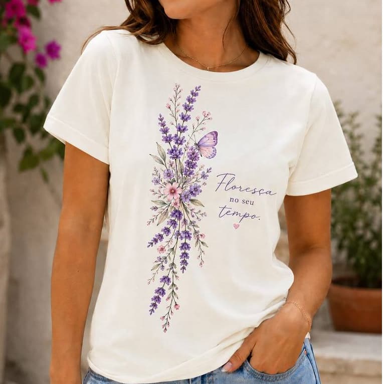 Blusa Feminina Casual 100% Algodão Elegante e Estilosa Camiseta Feminina Floresça Borboleta Lumix