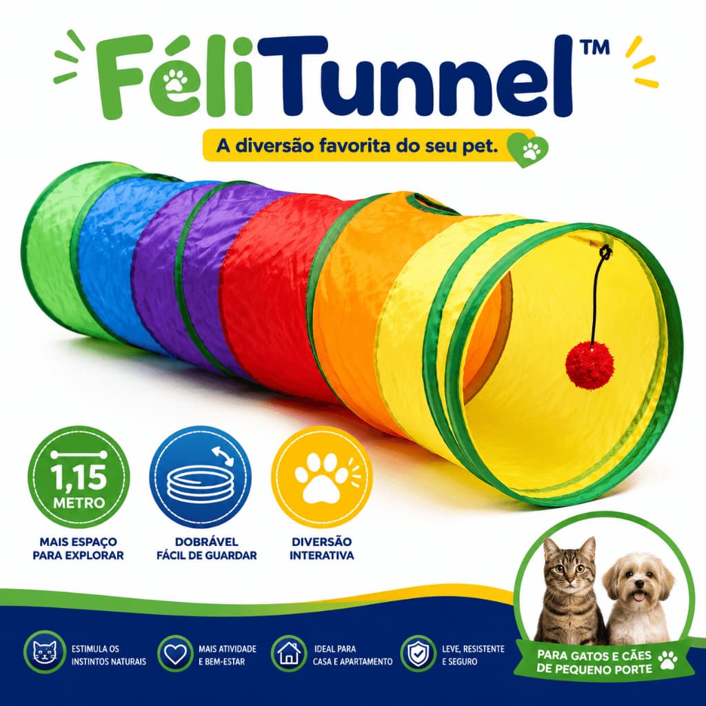 Túnel Interativo para Gatos 1,15m Dobrável Brinquedo Colorido para Pets com Bolinha