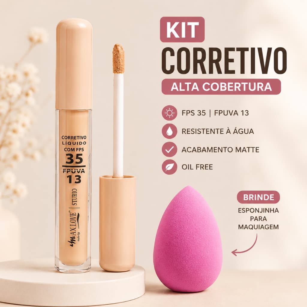 Corretivo Líquido para olheiras Max Love Alta Cobertura com FPS35 + Esponja de base