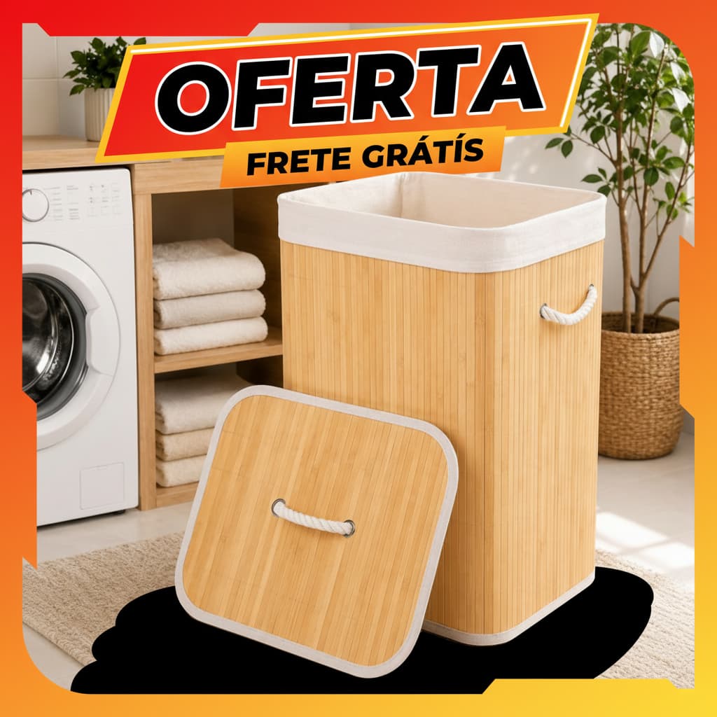 Cesto De Roupas Sujas Bambu 70L Grande Forro Tampa Alça Retangular Banheiro Lavanderia Organizador