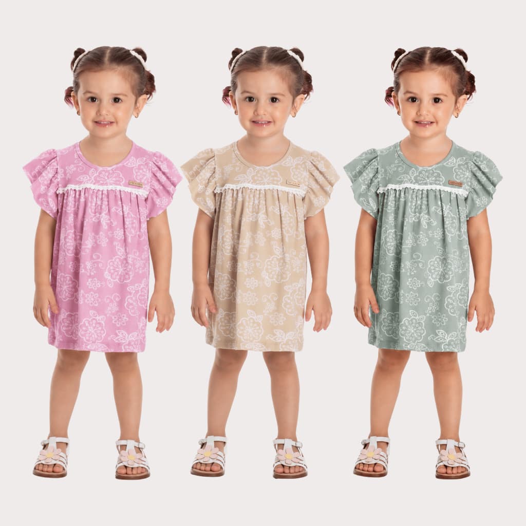 Vestido Infantil Menina Floral com Manga Babado e Detalhe em Renda