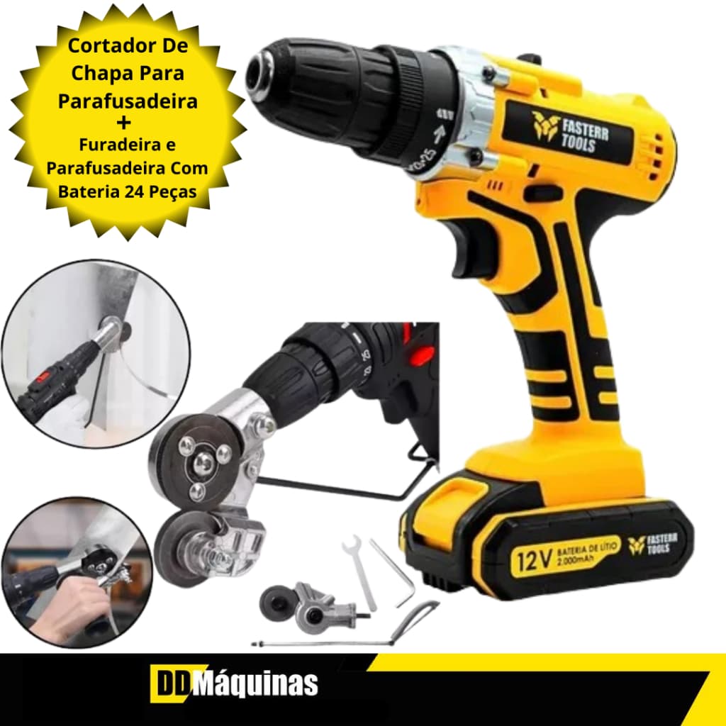 Kit Furadeira Parafusadeira 12V C/ 24 Peças+Cortador De Chapa P/ Parafusadeira-Fasterr/Titanium