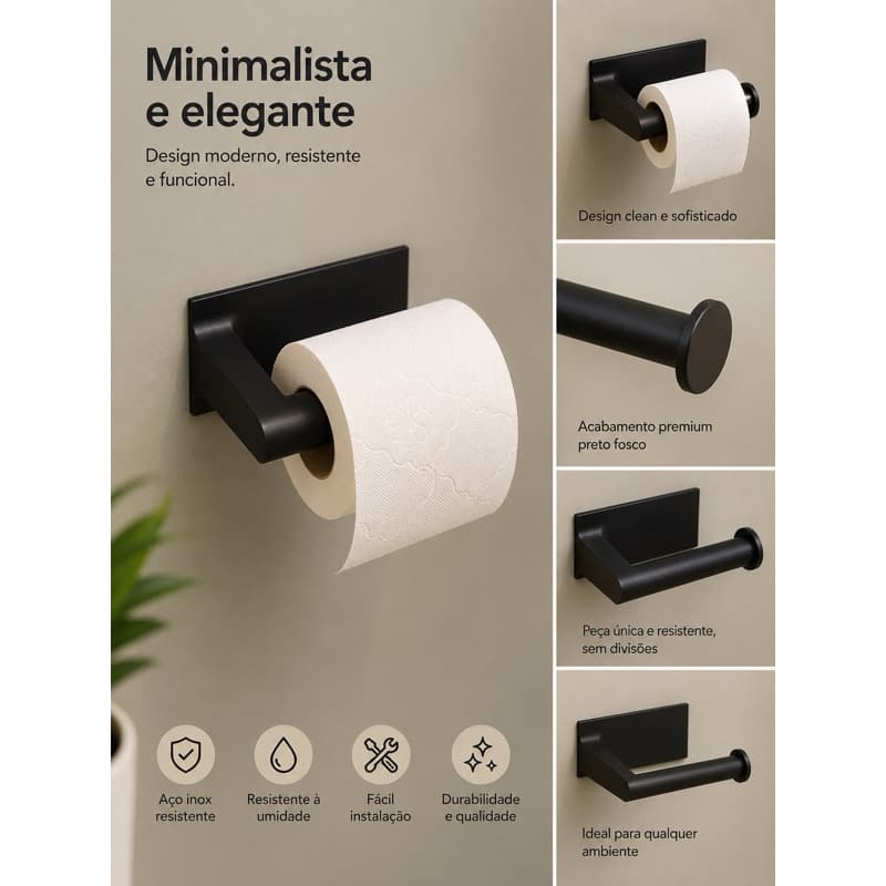 Porta Papel Higiênico Preto Fosco de Parede | Design Moderno para Banheiro