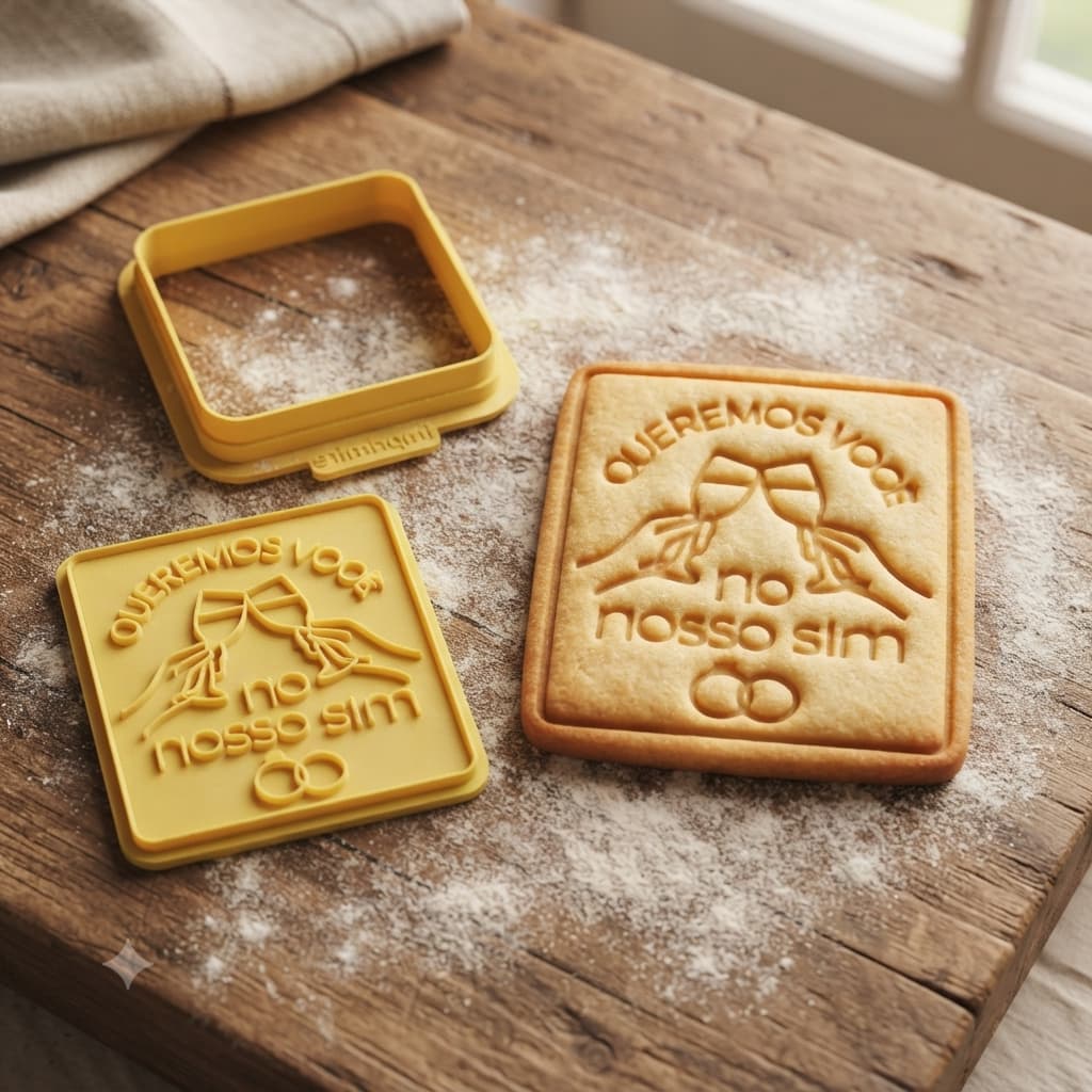 Cortador com Marcador Carimbo de Biscoito Amanteigado e Pasta Massas Casamento Noivos Queremos Você no Nosso Sim 8cm