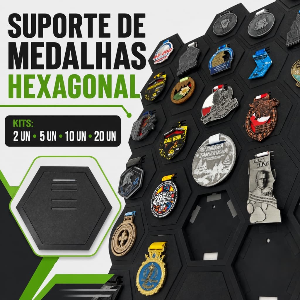 Suporte de Medalhas Hexagonal Modular para Parede – Kits com 2, 5, 10 ou 20 Unidades