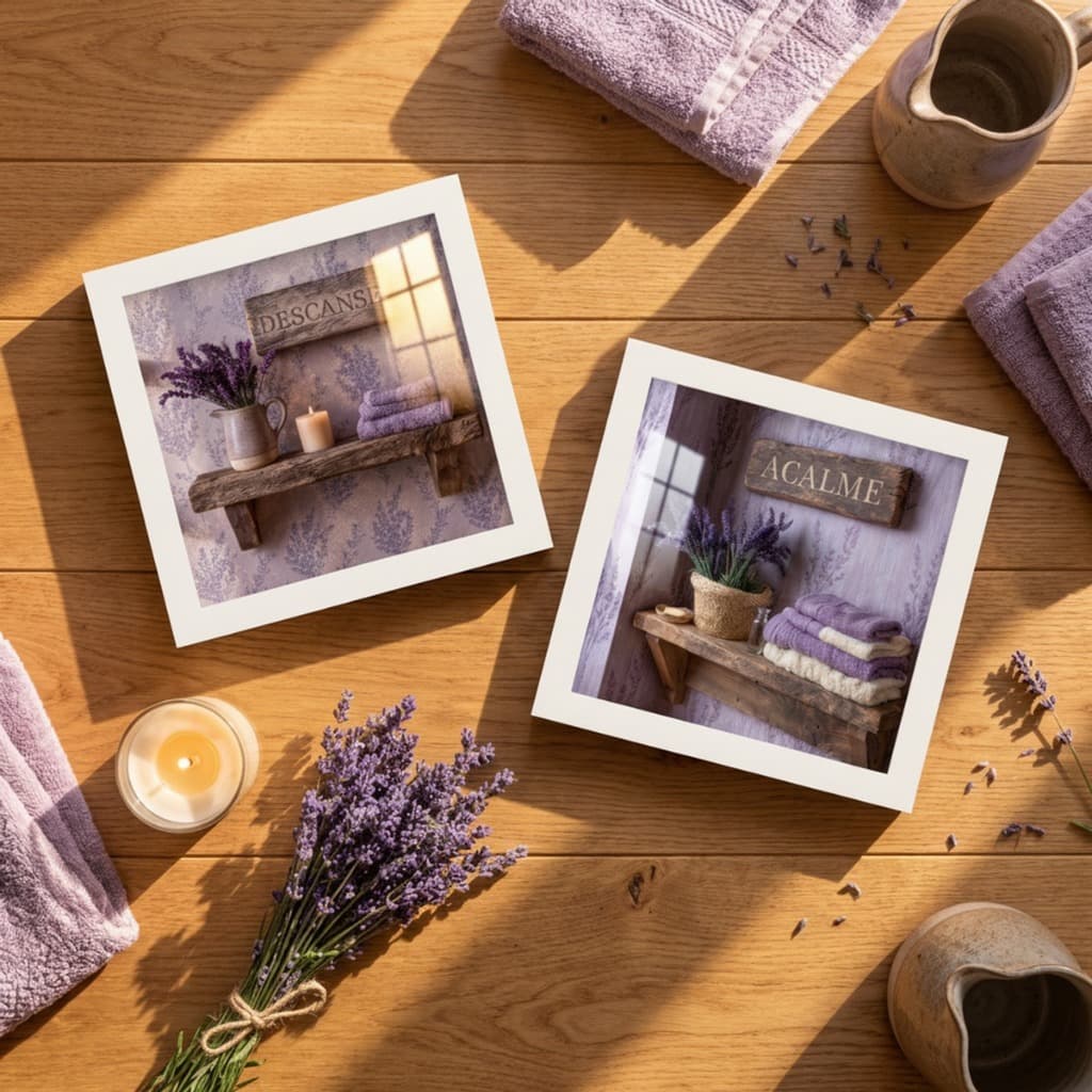 Kit 2 Quadros Banheiro Lavanda Acalme Descanse 18x18cm Vidro Frase Enfeite Parede Decoração vidro